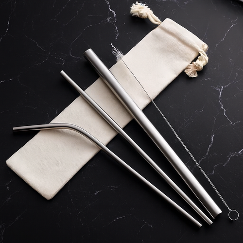 Stainless Steel Straw Gift Set – 3 Reusable Straws (18/10 - 215 mm) with Cocktail Pouch Bag