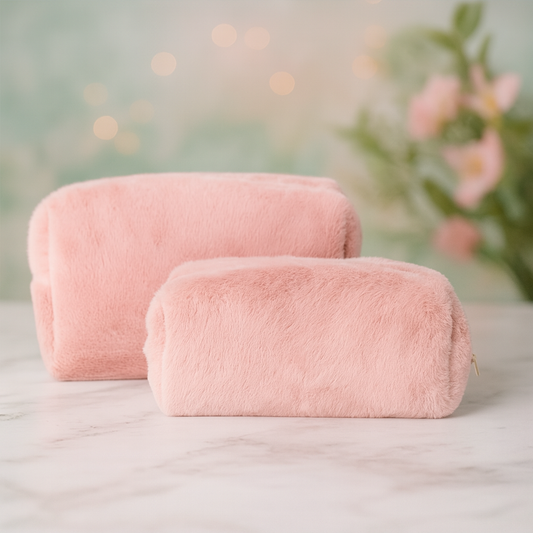 Faux Fur Makeup Bag Set - 2 Piece Plush Pouch & Luxury Organizer