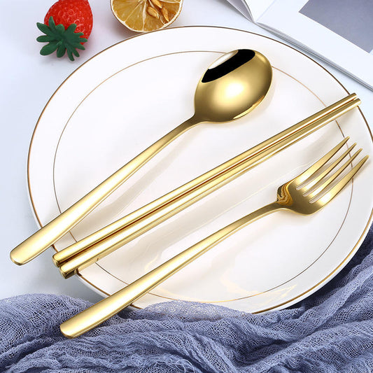 3-Piece Asian Zen Flatware Set - Stainless Steel Spoon, Fork, and Chopsticks