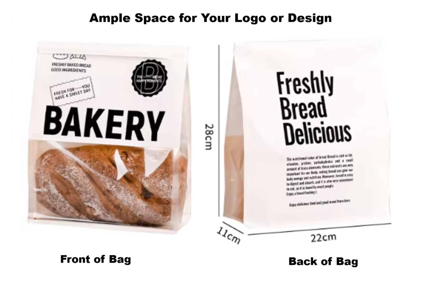 Personalized Premium Bakery Bread Bag with Logo, Window, & Self-Adhesive Closure